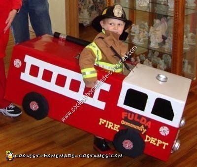 Homemade Fireman and Fire Truck Halloween Costume