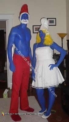 Homemade Smurfette and Pappa Smurf Adult Halloween Costumes