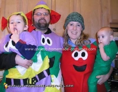 Homemade Veggie Tales Family Costumes - Larryboy, Bob and Pea