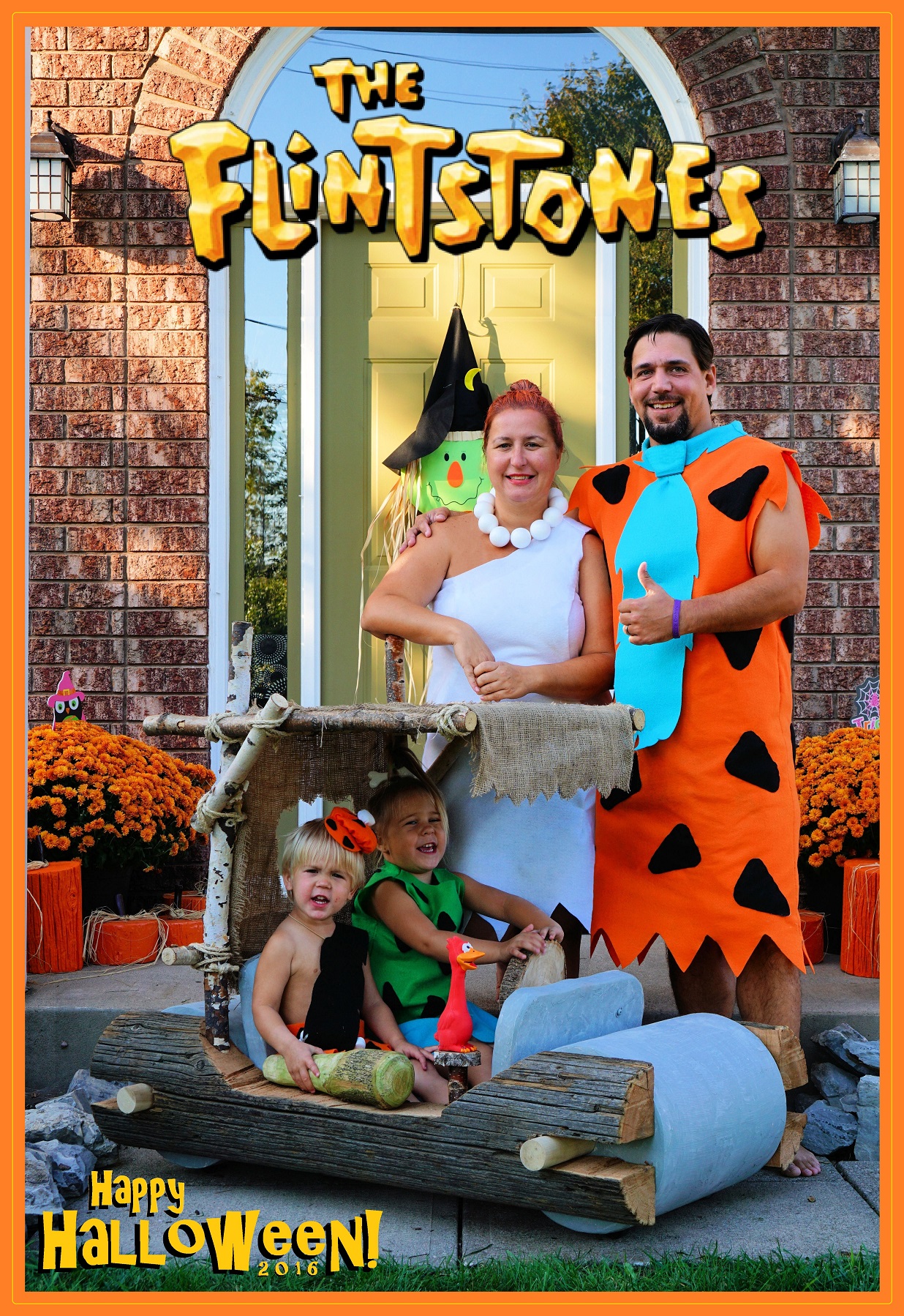 Coolest Flintstones Family Halloween Costume with Hand Built Car!
